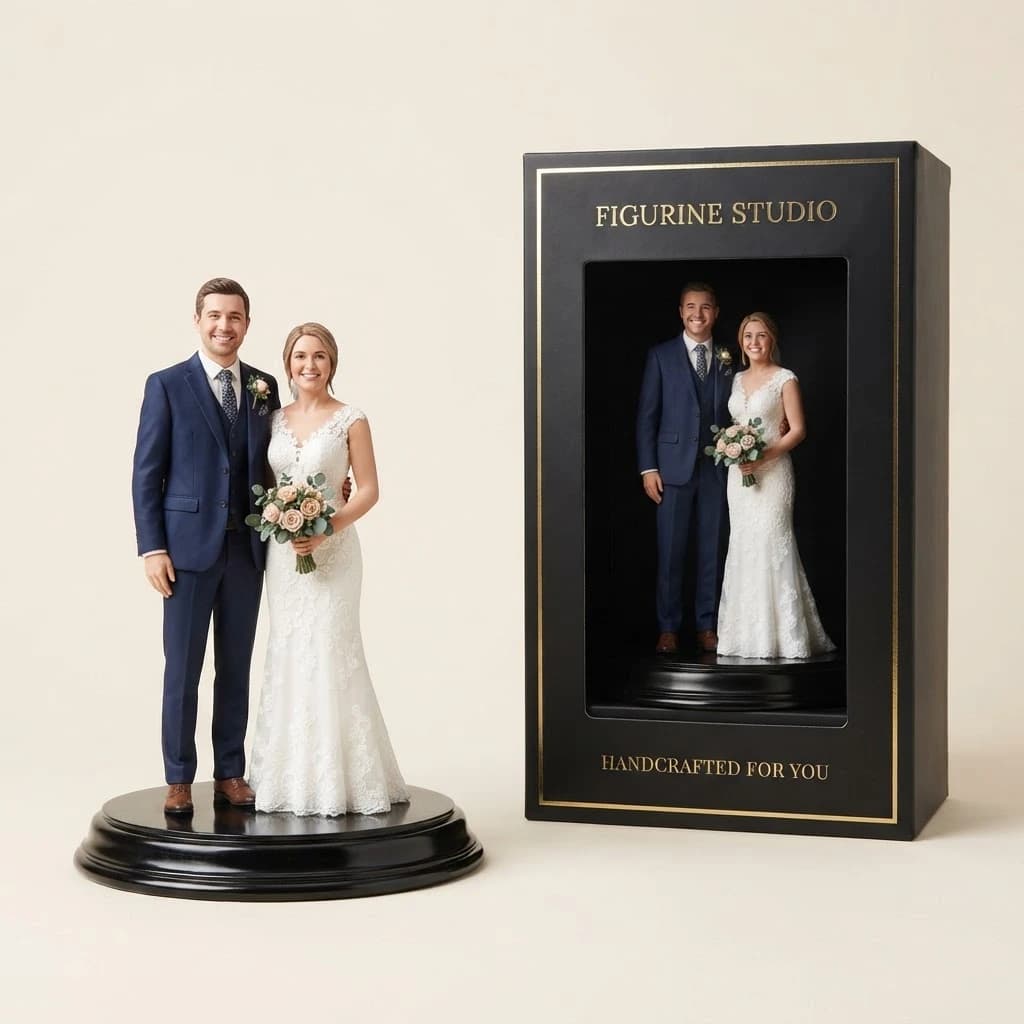 Wedding couple 3D figurine beside its premium box