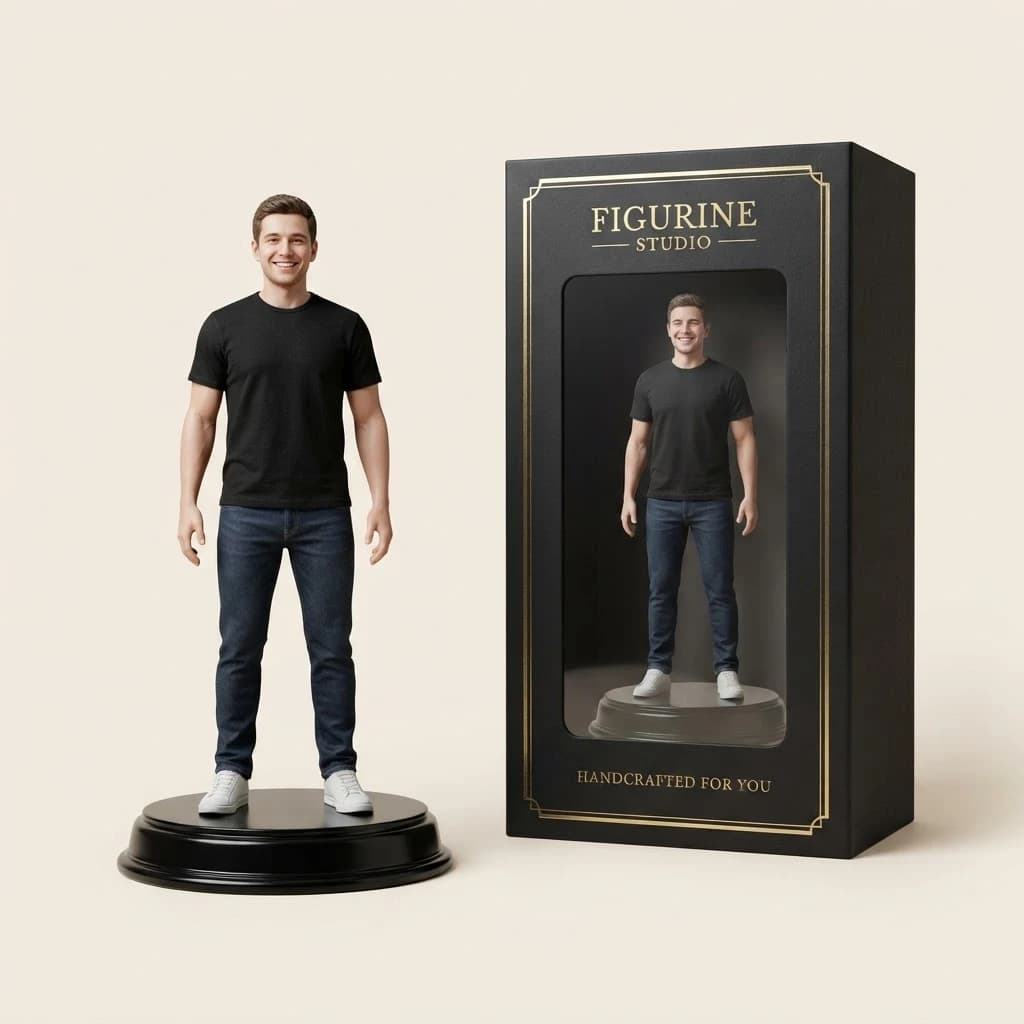 Personal 3D figurine of a man in a black t-shirt beside its premium box