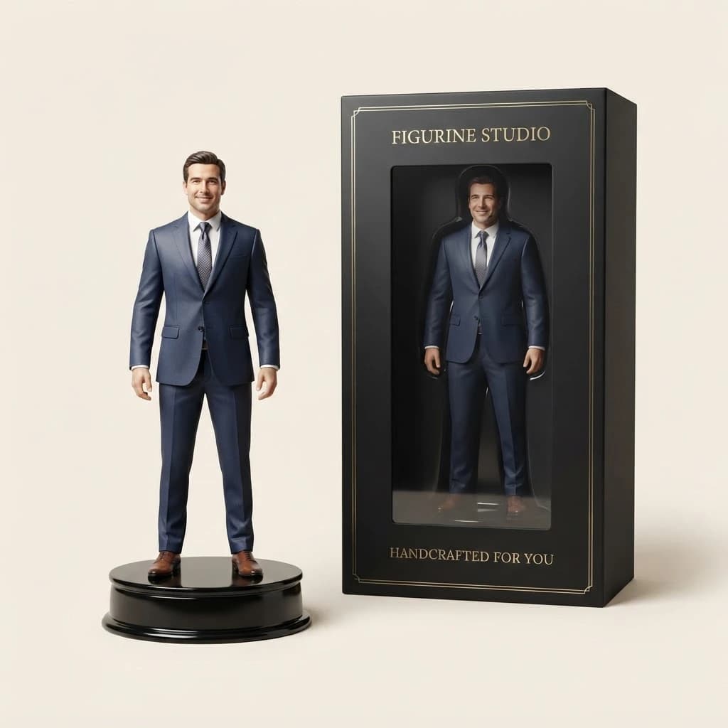 Personal 3D figurine of a businessman in a navy suit beside its premium box