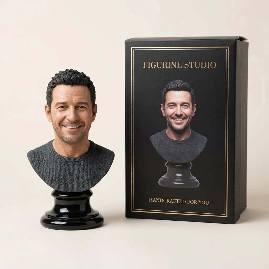Personal 3D portrait bust figurine of a man beside its premium box