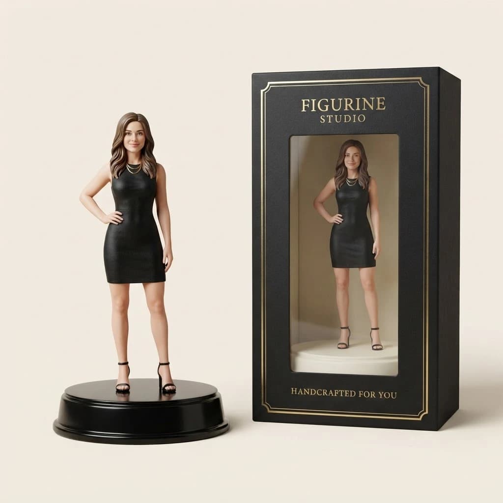 Personal 3D figurine of a woman in a black dress beside its premium box