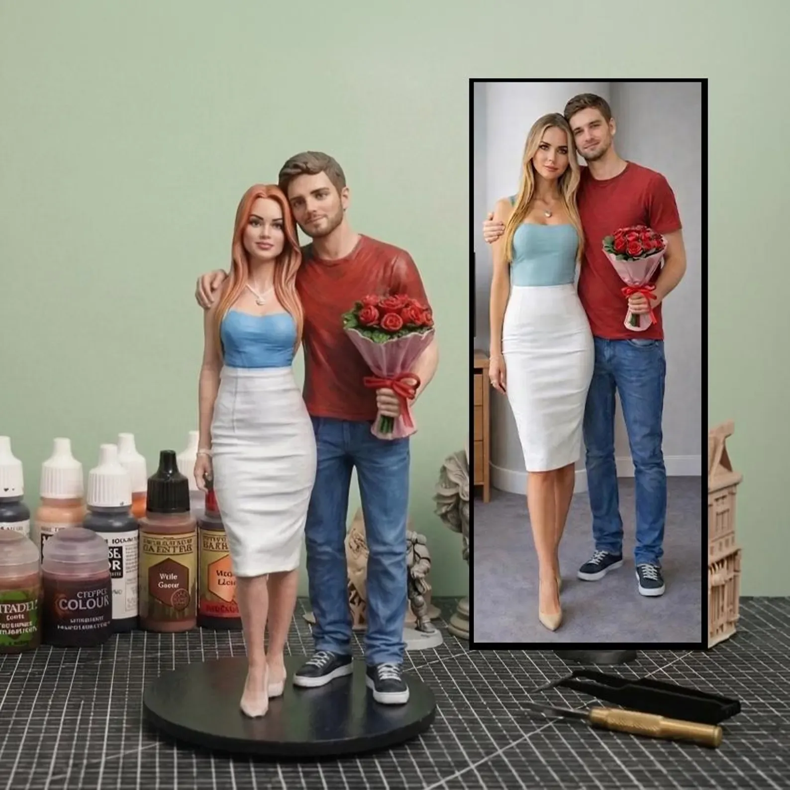 Couple 3D figurine holding flowers, made from photo