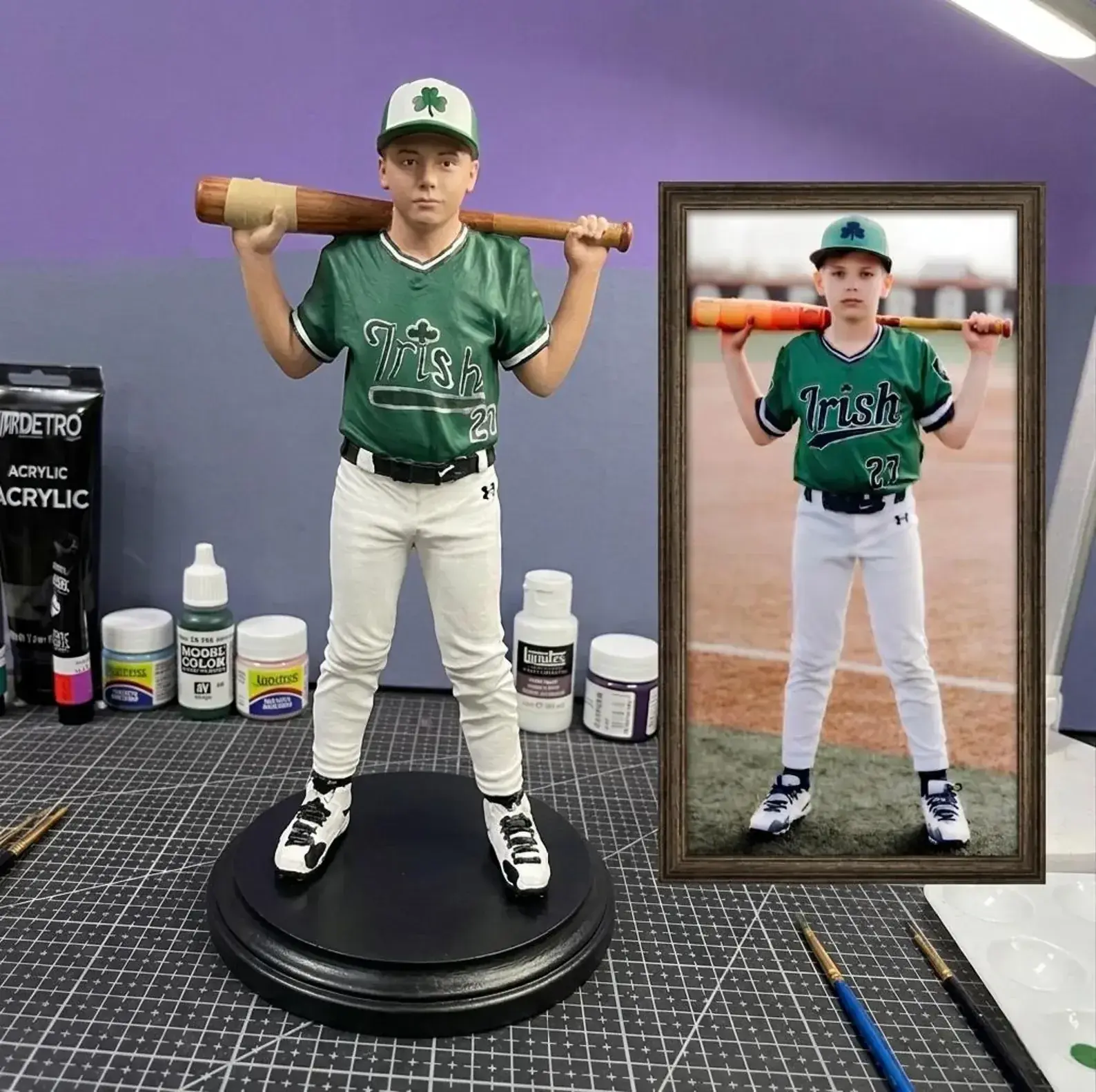 Personal 3D figurine of a boy in baseball uniform, made from photo