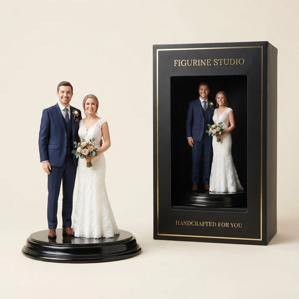 Wedding couple 3D figurine beside its premium box