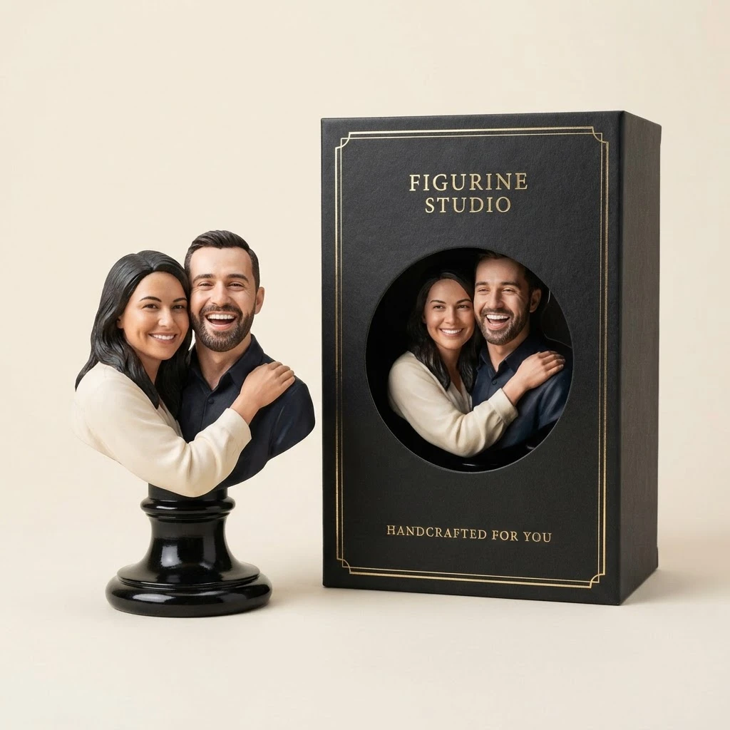 Couple 3D portrait bust figurine beside its premium box