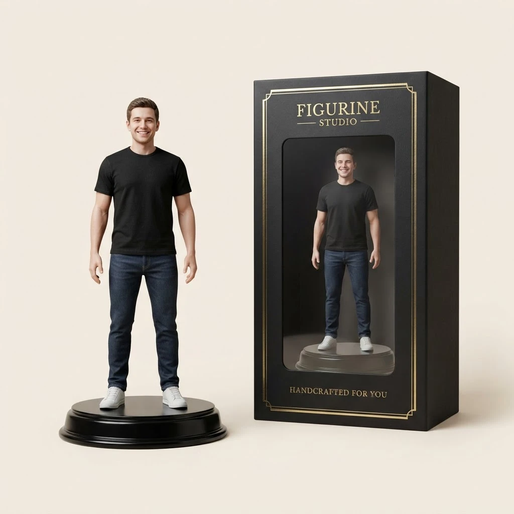 Personal 3D figurine of a man in a black t-shirt beside its premium box