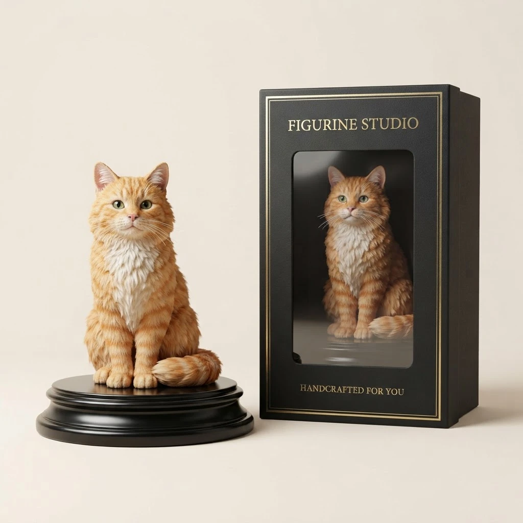 Orange tabby cat 3D figurine beside its premium box