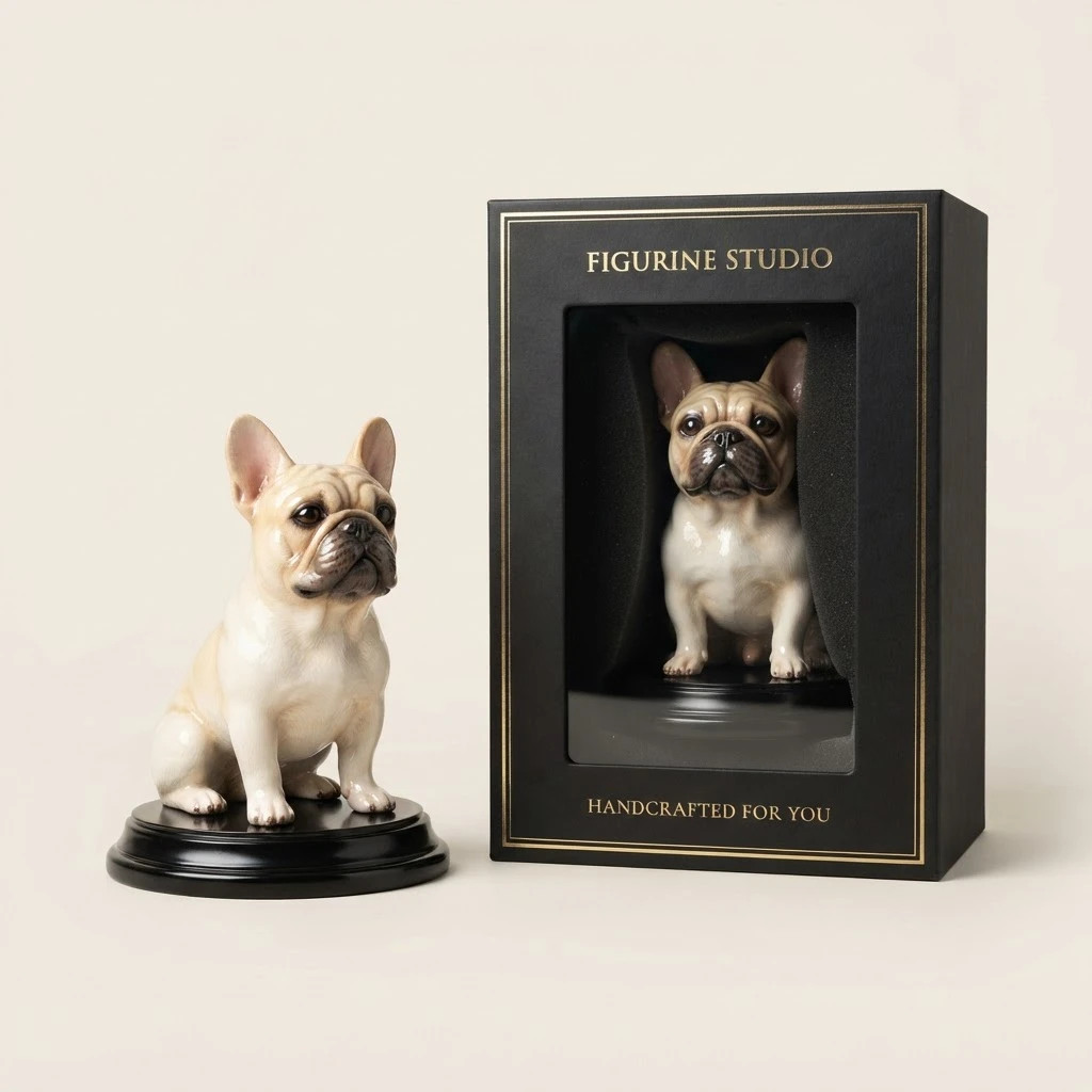 French bulldog 3D figurine beside its premium box