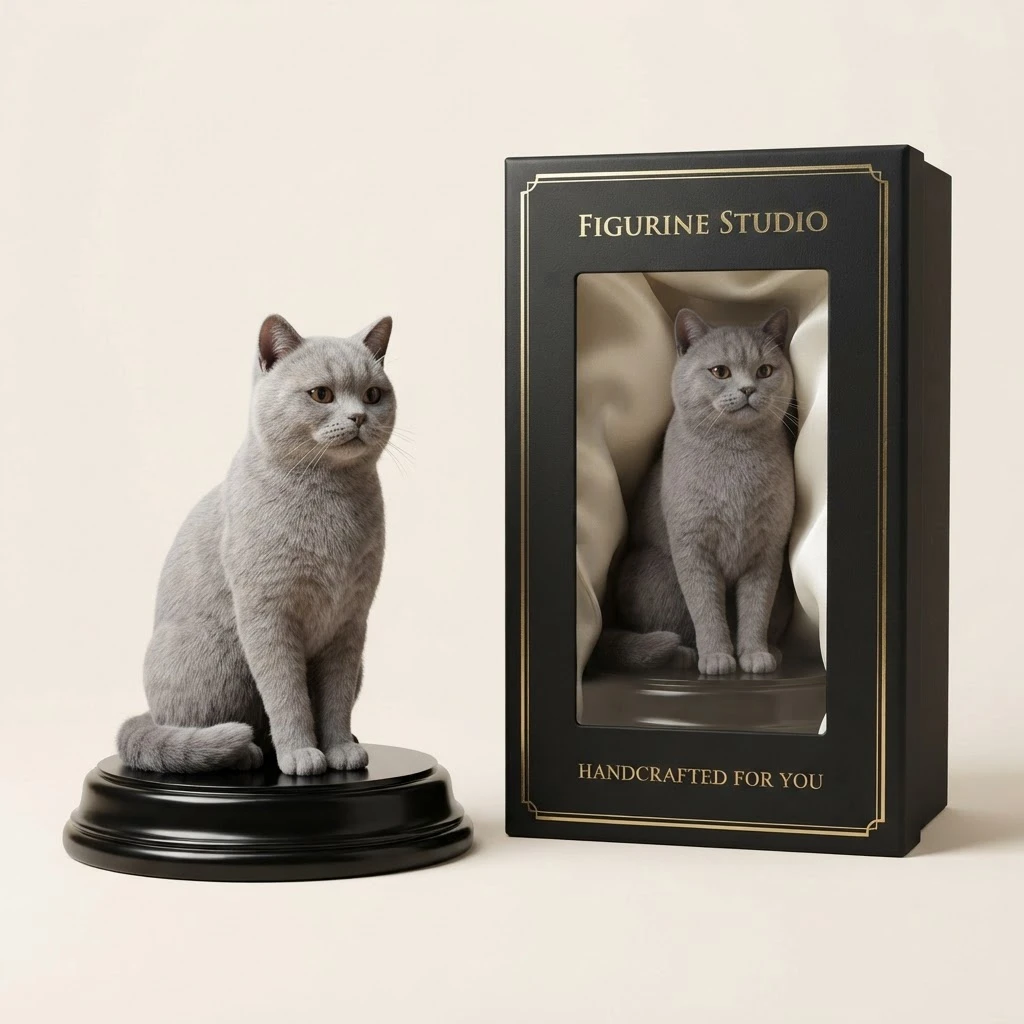 British shorthair cat 3D figurine beside its premium box